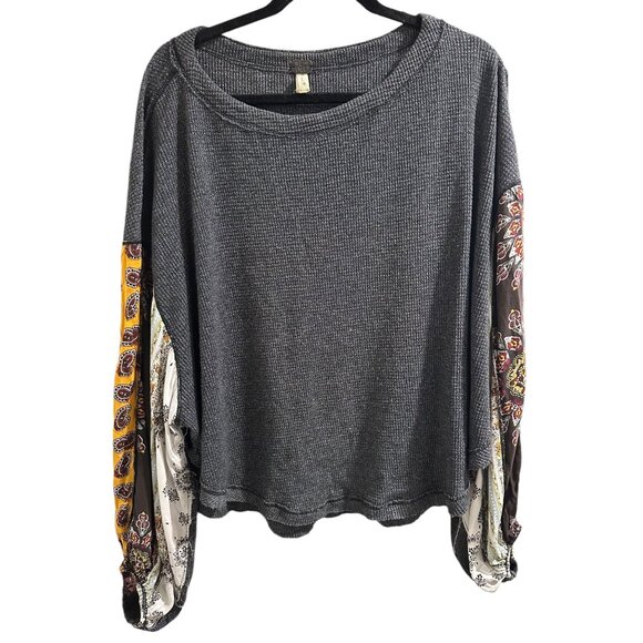 💰BOGO💰 Charcoal Gray Boho Bell Patchwork Long Sleeve Blouse sz L - Picture 1 of 8